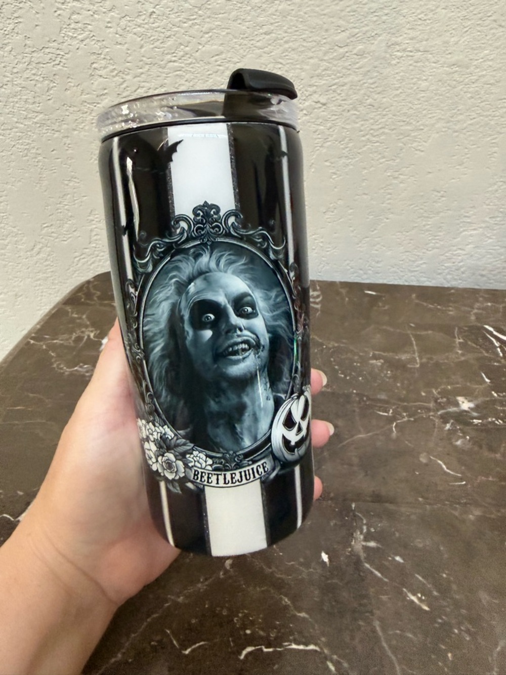 Beetlejuice Spooky Striped Glitter 4in1 Can Cooler Convertible Tumbler Cup